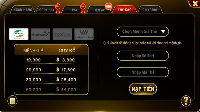 Nạp tiền X8 Club qua thẻ cào