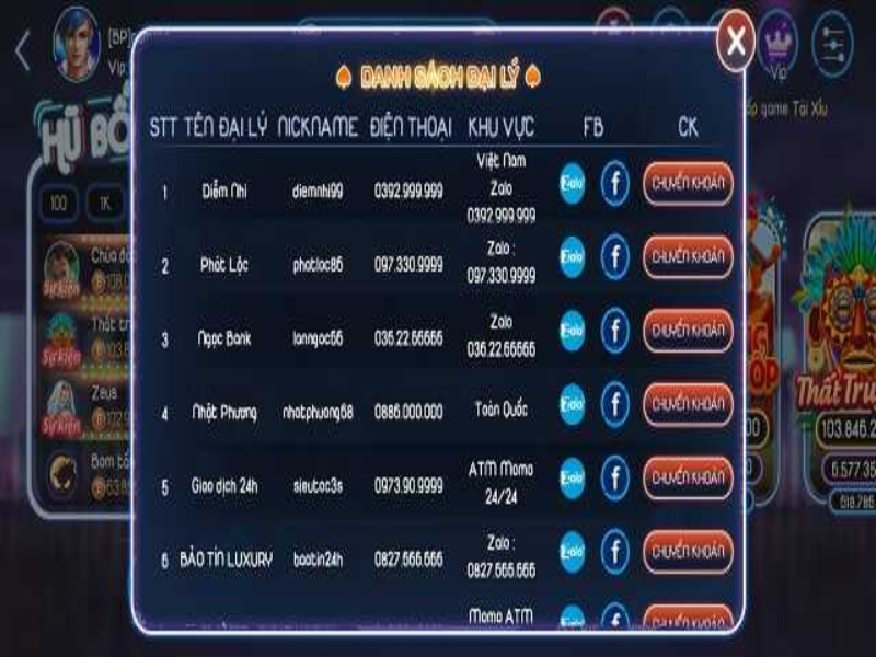 Các đại lý thanh toán của Bốp Club