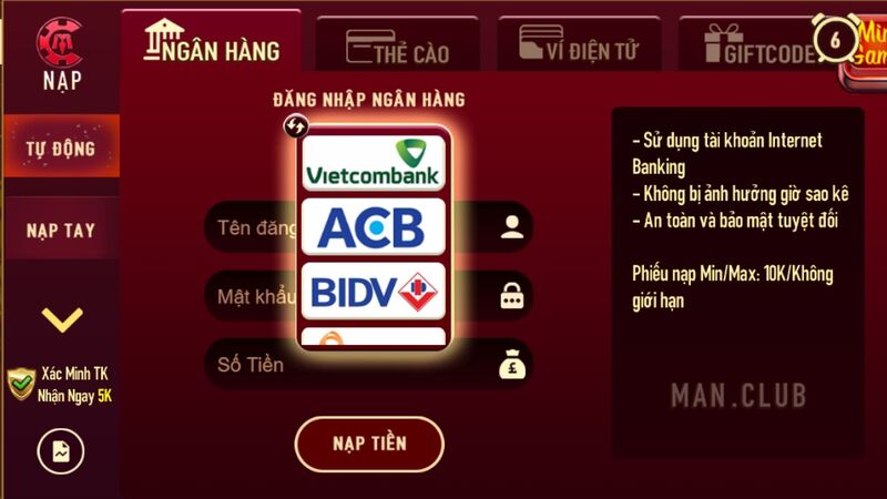 Nạp tiền ngân hàng Manclub