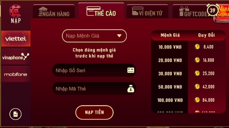 Nạp tiền thẻ cào Manclub