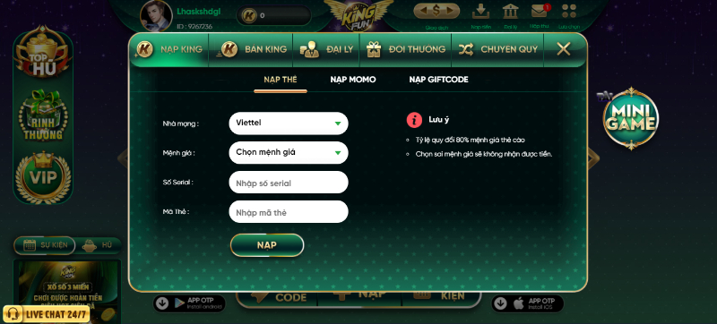 Hướng dẫn cách nạp tiền vào tài khoản game tại King Fun
