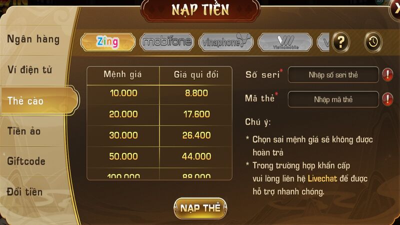 Nạp tiền Iwin Club qua thẻ cào