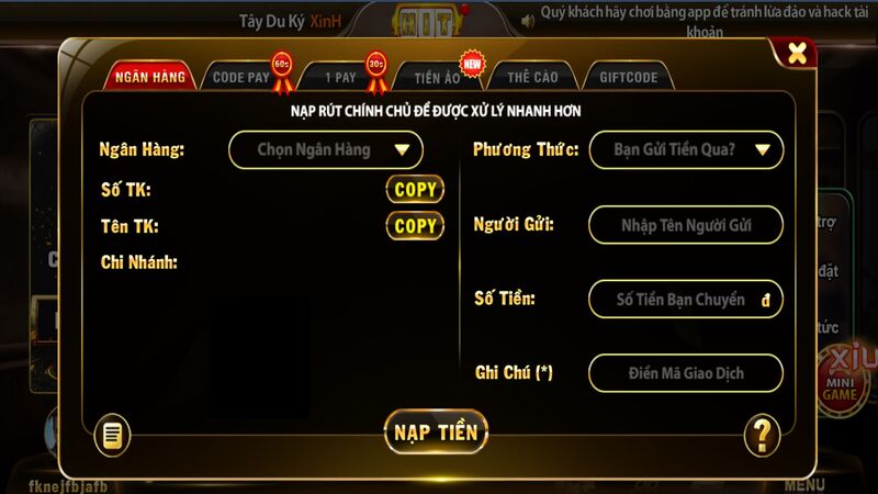Nạp tiền ngân hàng tại Hit Club