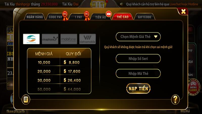 Nạp tiền thẻ cào tại Hit Club