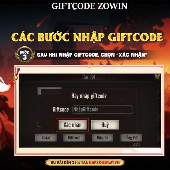 Nhập, sử dụng mã Gift code Zowin